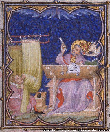 Famous 13th century illumination of St. Gregory I listening to angels.